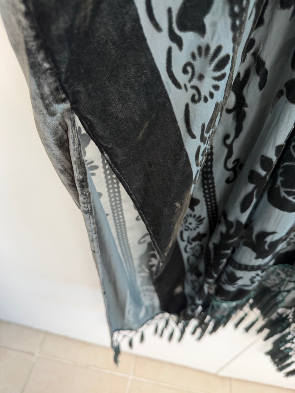 Sheer Floral Burnout Fringe Kimono - Dark Teal on SheerTeal - Picture 4 of 5